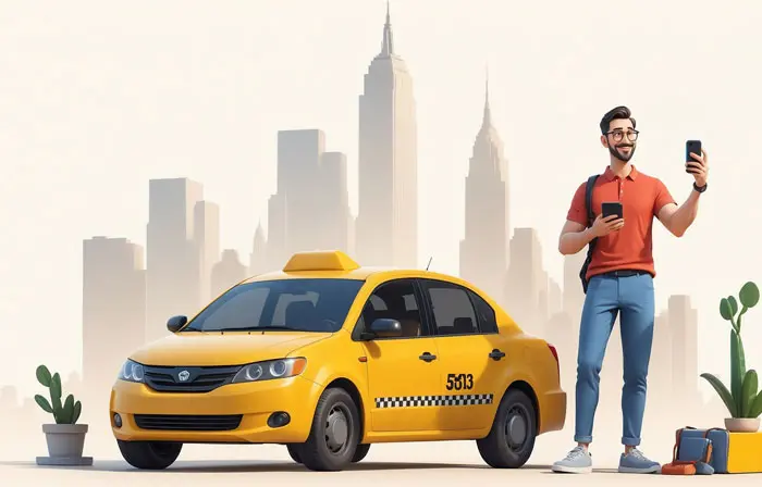 Man Using Mobile App to Book Taxi 3D Character Design Illustration image